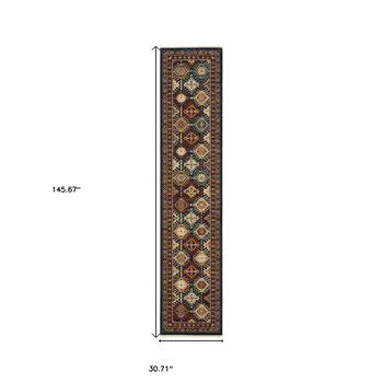 12' Navy Blue Red And Orange Oriental Runner Rug With Fringe