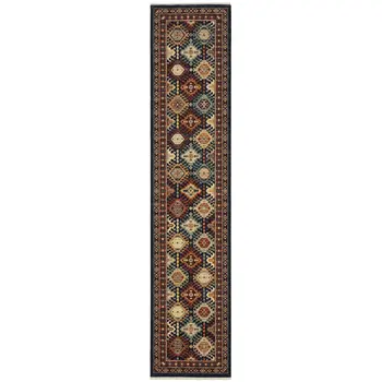 12' Navy Blue Red And Orange Oriental Runner Rug With Fringe