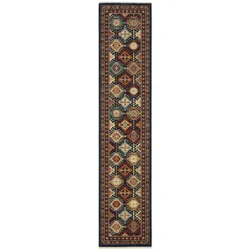 12' Navy Blue Red And Orange Oriental Runner Rug With Fringe