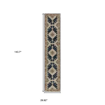 12' Blue And Orange Medallion Runner Rug