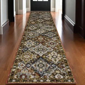 12' Red Orange And Ivory Medallion Runner Rug