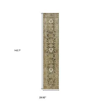 12' Green And Gold Oriental Runner Rug