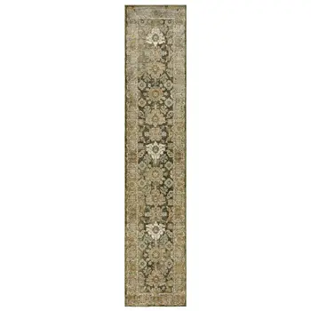 12' Green And Gold Oriental Runner Rug