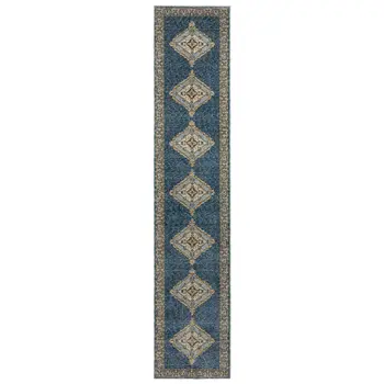 12' Blue And Gold Medallion Runner Rug