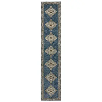 12' Blue And Gold Medallion Runner Rug