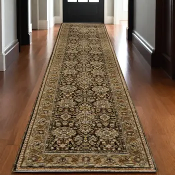 12' Brown And Gold Oriental Runner Rug