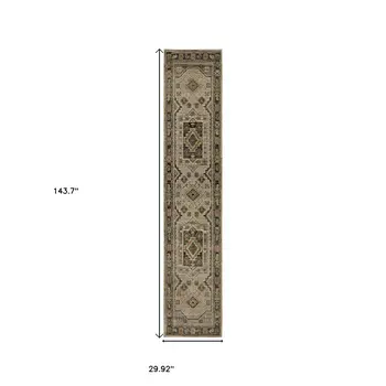 12' Gray And Green Tribal Runner Rug