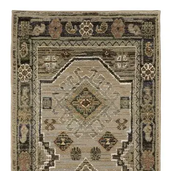 12' Gray And Green Tribal Runner Rug