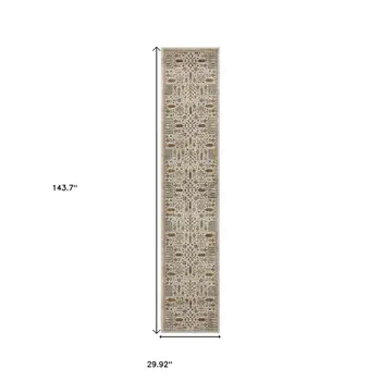 12' Ivory And Gold Oriental Runner Rug