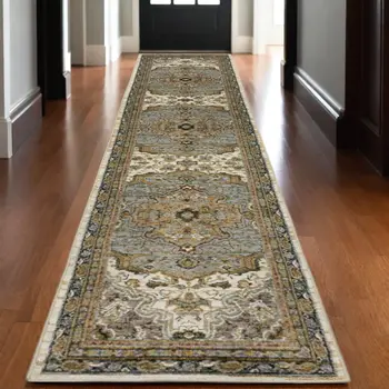 12' Ivory And Blue Oriental Runner Rug