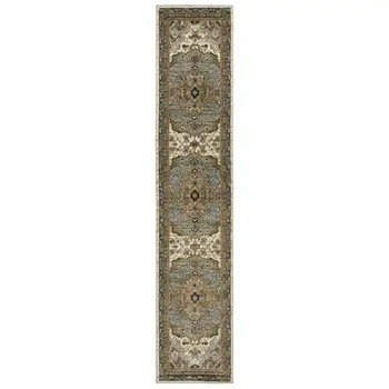 12' Ivory And Blue Oriental Runner Rug
