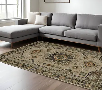 7' X 10' Gray And Green Tribal Area Rug