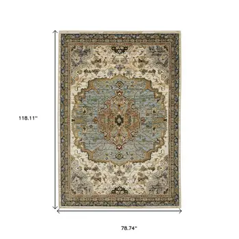 7' X 10' Ivory And Blue Oriental Area Rug