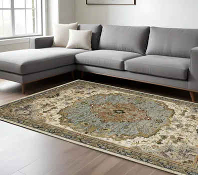 7' X 10' Ivory And Blue Oriental Area Rug