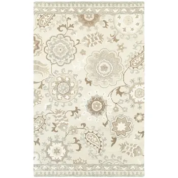 10' X 13' Ivory And Gray Wool Floral Hand Tufted Area Rug