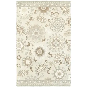 10' X 13' Ivory And Gray Wool Floral Hand Tufted Area Rug