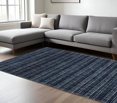 10' X 13' Navy Blue And Blue Striped Hand Tufted Area Rug