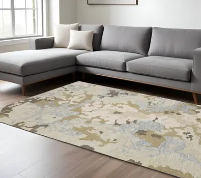 10' X 13' Beige And Blue Wool Abstract Hand Tufted Area Rug