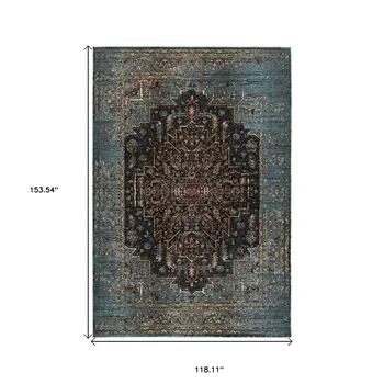 10' X 13' Blue And Navy Blue Medallion Area Rug
