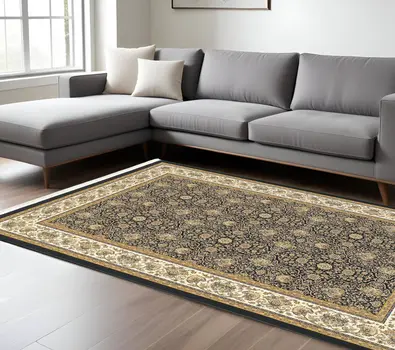 10' X 13' Navy Blue And Ivory Oriental Area Rug With Fringe