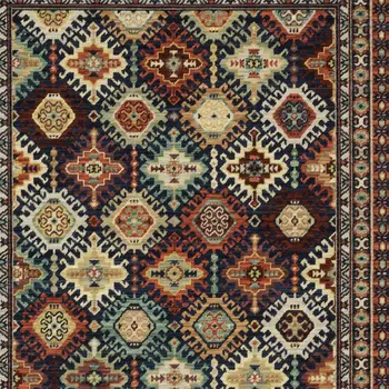 10' X 13' Navy Blue Red And Orange Oriental Area Rug With Fringe