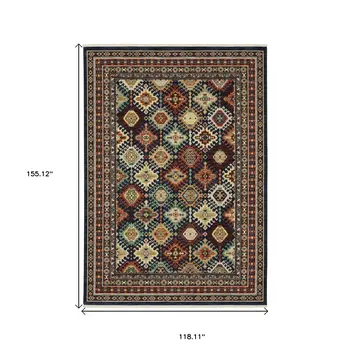 10' X 13' Navy Blue Red And Orange Oriental Area Rug With Fringe