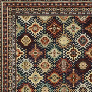 8' X 11' Navy Blue Red And Orange Oriental Area Rug With Fringe