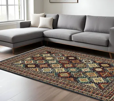 8' X 11' Navy Blue Red And Orange Oriental Area Rug With Fringe