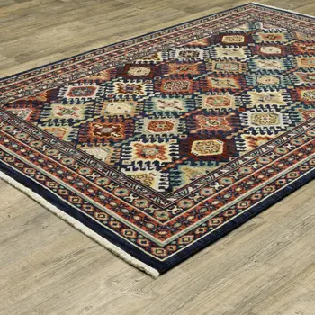 8' X 11' Navy Blue Red And Orange Oriental Area Rug With Fringe