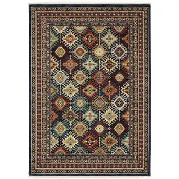 8' X 11' Navy Blue Red And Orange Oriental Area Rug With Fringe
