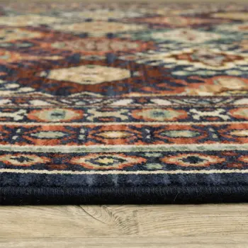8' X 11' Navy Blue Red And Orange Oriental Area Rug With Fringe