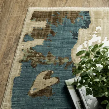 10' X 13' Beige Brown And Blue Abstract Area Rug
