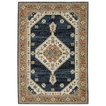 8' X 11' Blue And Orange Medallion Area Rug