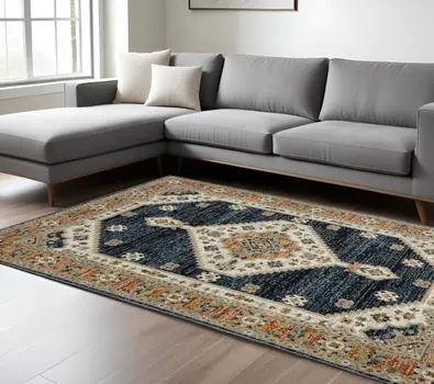 8' X 11' Blue And Orange Medallion Area Rug
