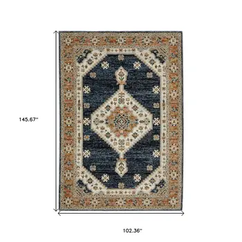 9' X 12' Blue And Orange Medallion Area Rug
