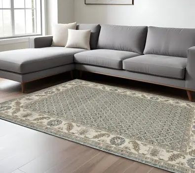 9' X 12' Blue And Ivory Oriental Area Rug