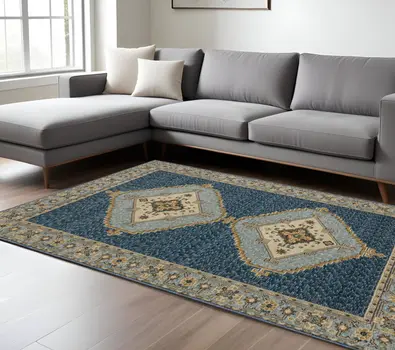 8' X 11' Blue And Gold Medallion Area Rug