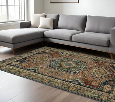 9' X 12' Blue Rust And Gray Tribal Area Rug