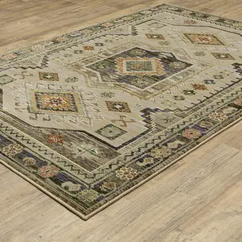 8' X 11' Gray And Green Tribal Area Rug