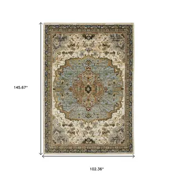 9' X 12' Ivory And Blue Oriental Area Rug