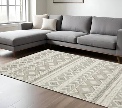 10' X 13' Gray And Beige Tribal Area Rug