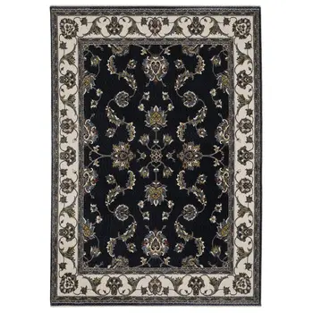 10' X 13' Navy Blue And Ivory Oriental Area Rug With Fringe