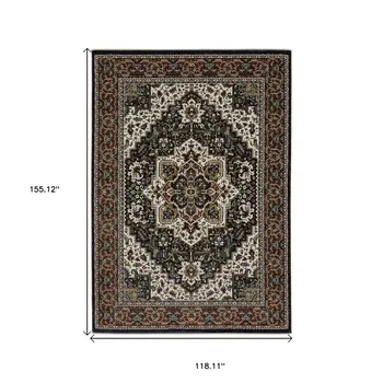 10' X 13' Navy Blue Black And Ivory Medallion Area Rug With Fringe