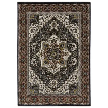 10' X 13' Navy Blue Black And Ivory Medallion Area Rug With Fringe