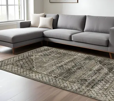10' X 13' Gray And Beige Medallion Area Rug With Fringe