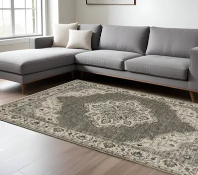10' X 13' Gray And Beige Medallion Area Rug With Fringe