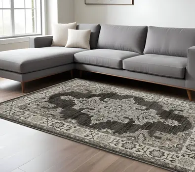 10' X 13' Gray And Beige Medallion Area Rug With Fringe