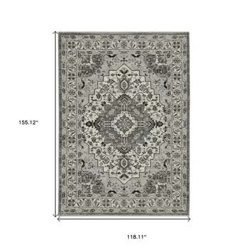 10' X 13' Gray And Ivory Medallion Area Rug With Fringe