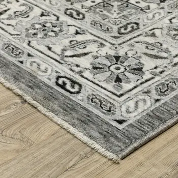 10' X 13' Gray And Ivory Medallion Area Rug With Fringe