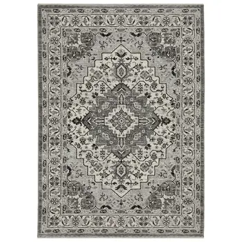 8' X 11' Gray And Ivory Medallion Area Rug With Fringe